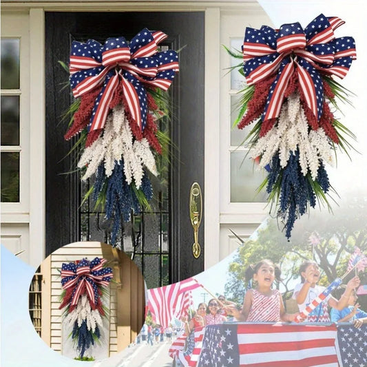 Patriotic Front Door Wreath for 4th of July Independence Day Blue Red White