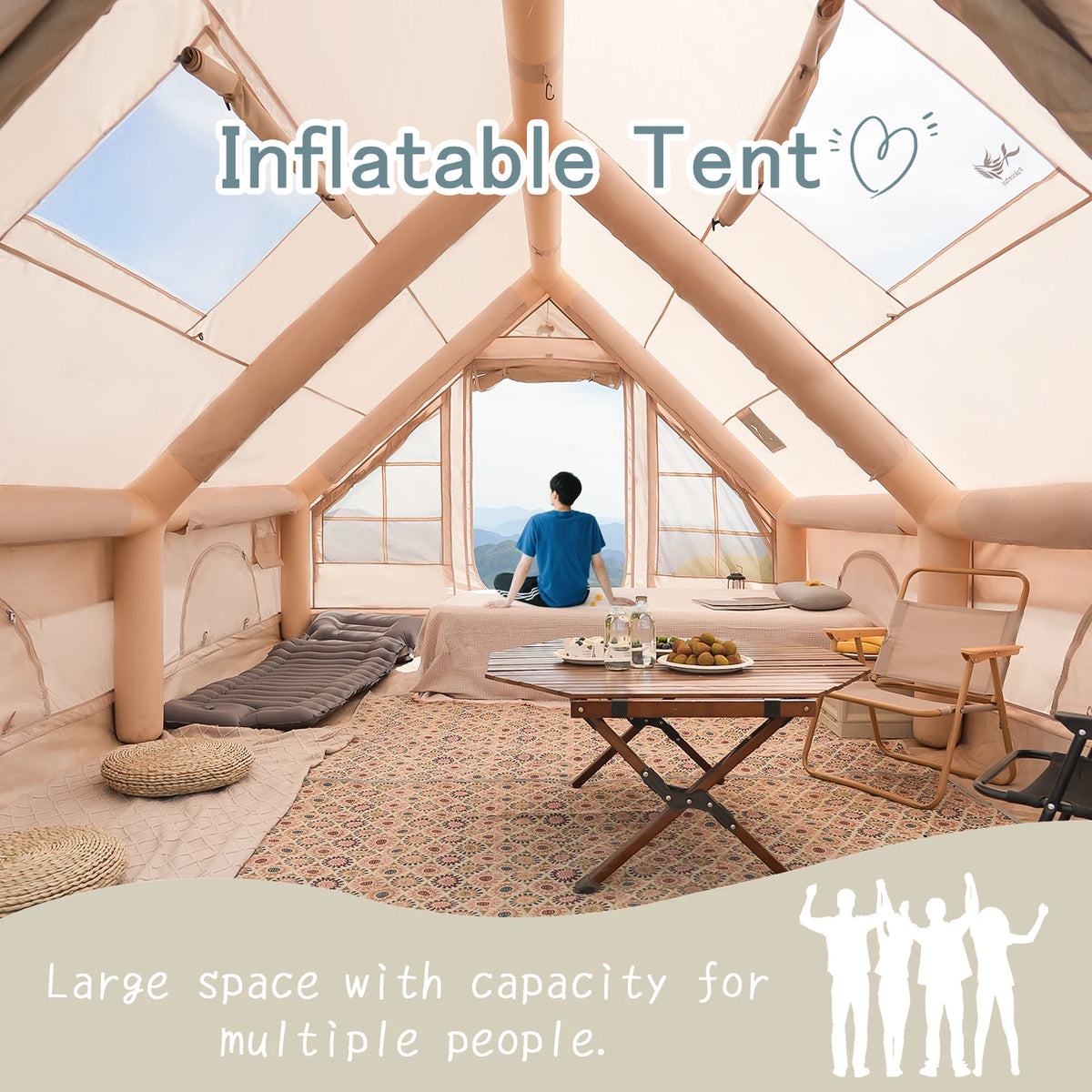 PAKICETUS Luxury Inflatable Camping Tent with Skylight Quick Setup Blow Up Tent with Air Pump 4-6 Persons Large Family Portable Outdoor Tent for Camping Hiking Backyard