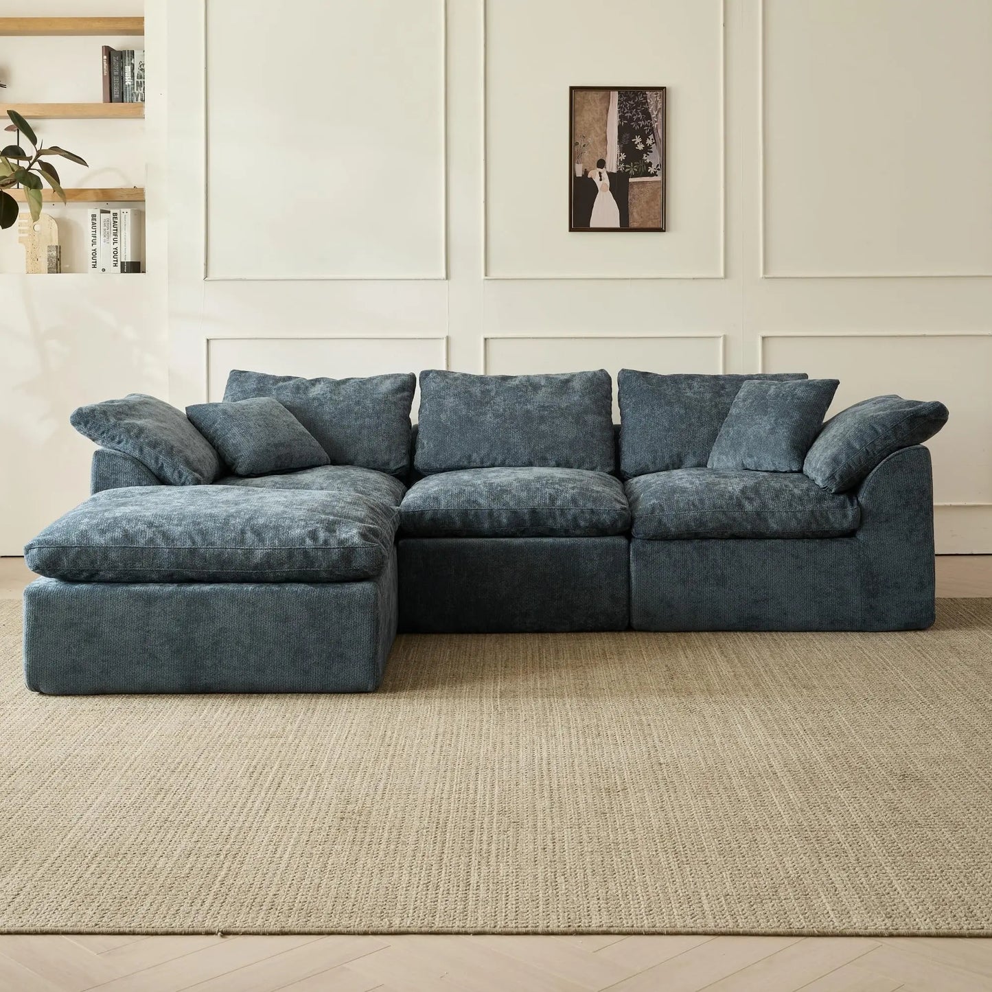 Modern Blue L Shaped 3 Seater Sofa Chenille Fabric Sectional With Ottoman