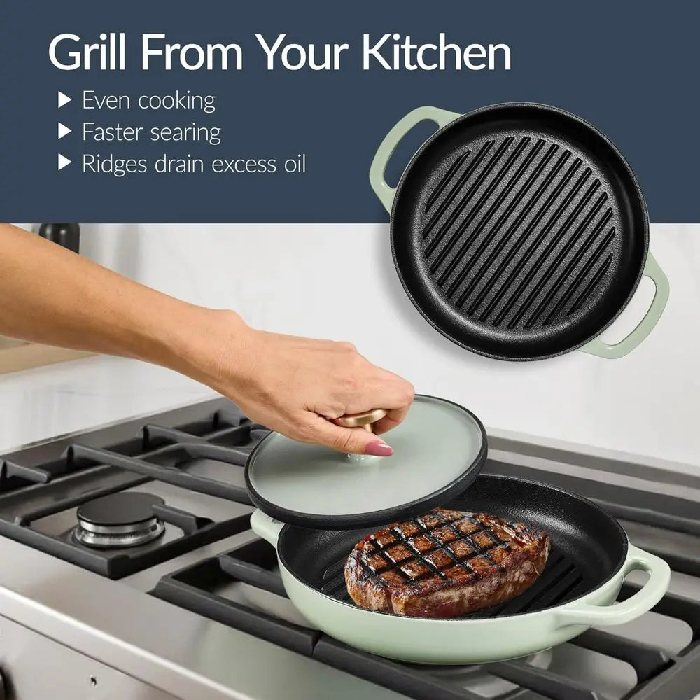Sage Cast Iron Cookware Set With Skillet Lid 10in Grill Pan And 6Qt Dutch Oven