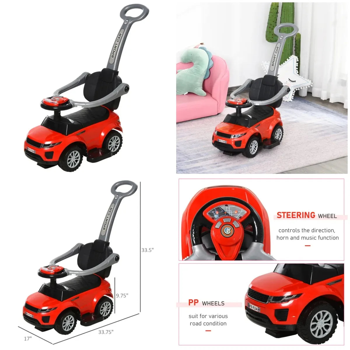 2 In 1 Toddler Push Car Ride On Stroller With Horn Music Lights Red
