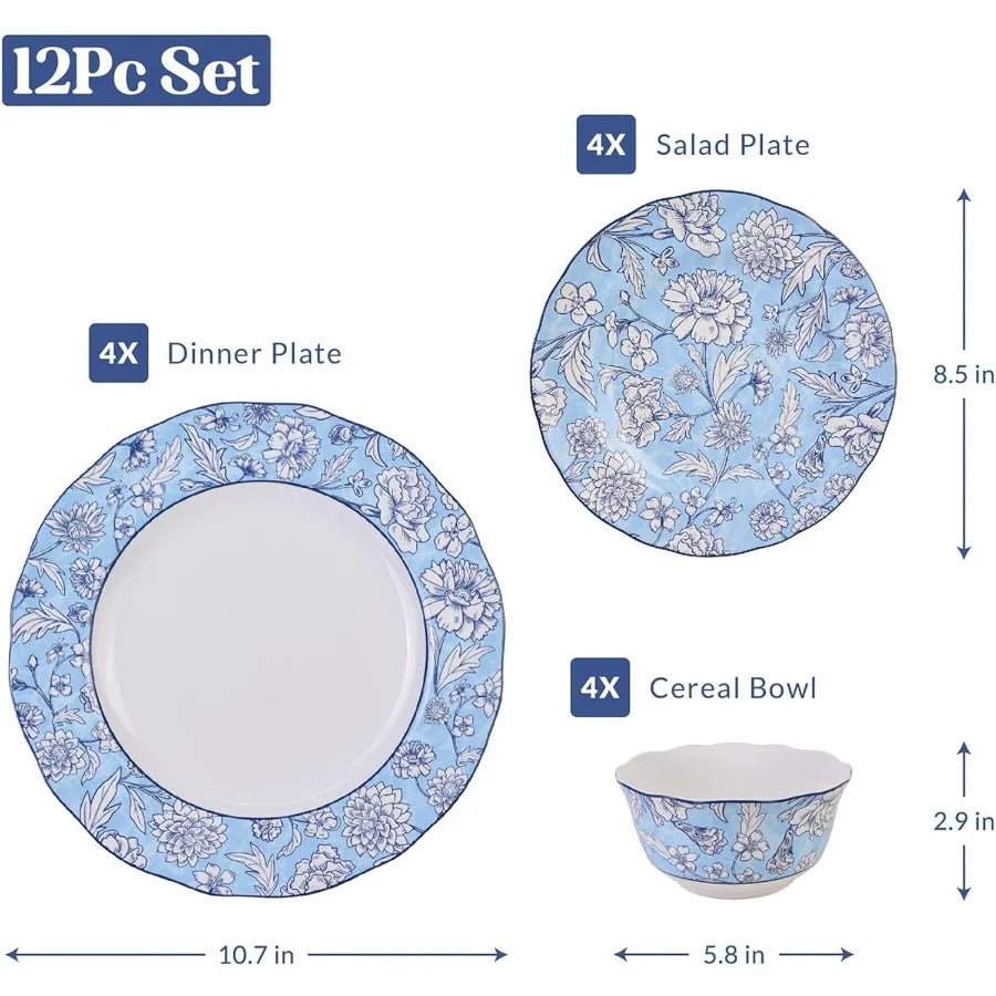 12 Piece Porcelain Dinnerware For 4 White And Blue Plates Bowls Floral Ceramic