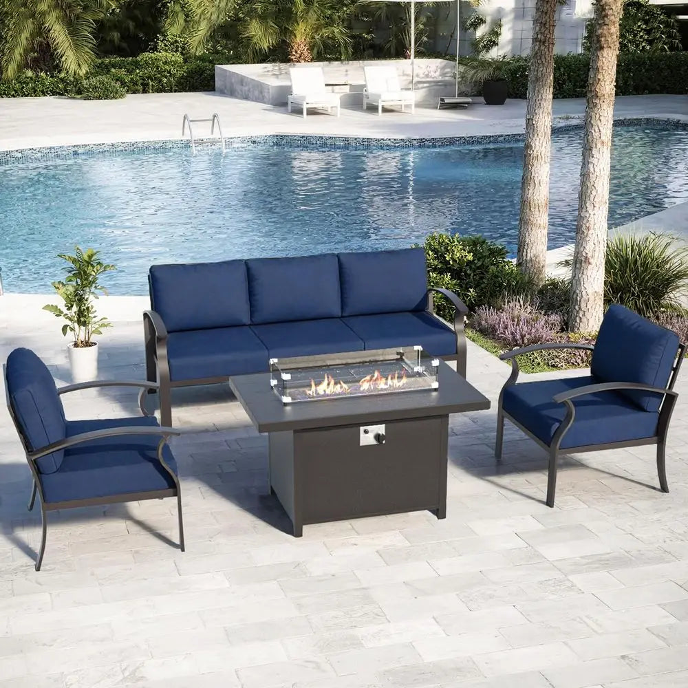 Aluminum Patio Furniture Set With Propane Fire Pit Table 5 Piece Sectional