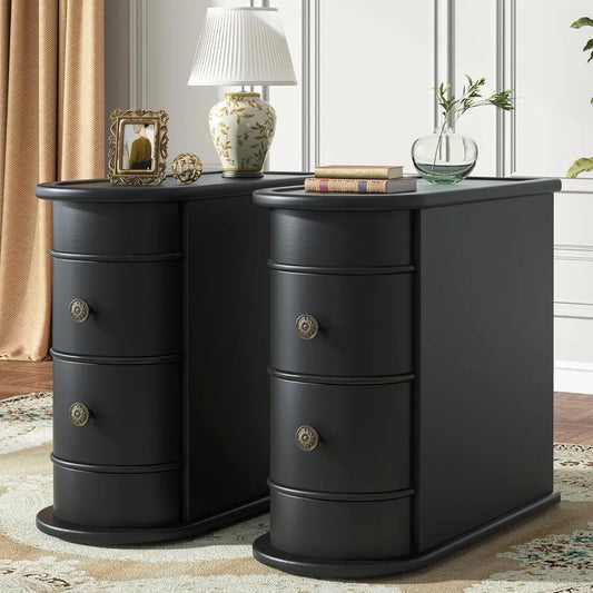 Black Wood End Table Set Of 2 Narrow 2 Drawer Slim