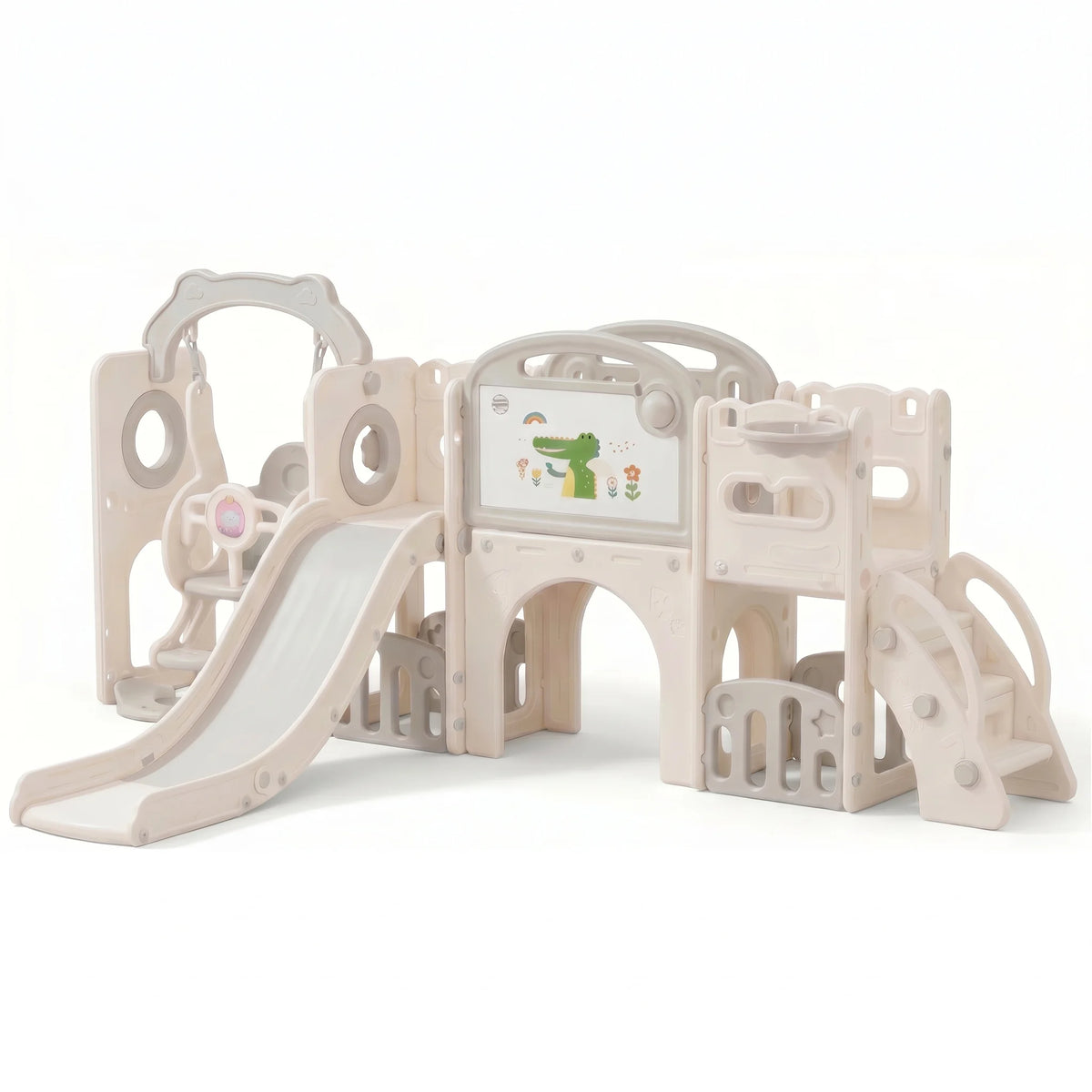 12‑in‑1 Kids Play Castle Playset Toddler Slide and Swing Set with Drawing Board Basketball Hoop HDPE Indoor Outdoor Children Playground Toy for 1‑6 Years Old