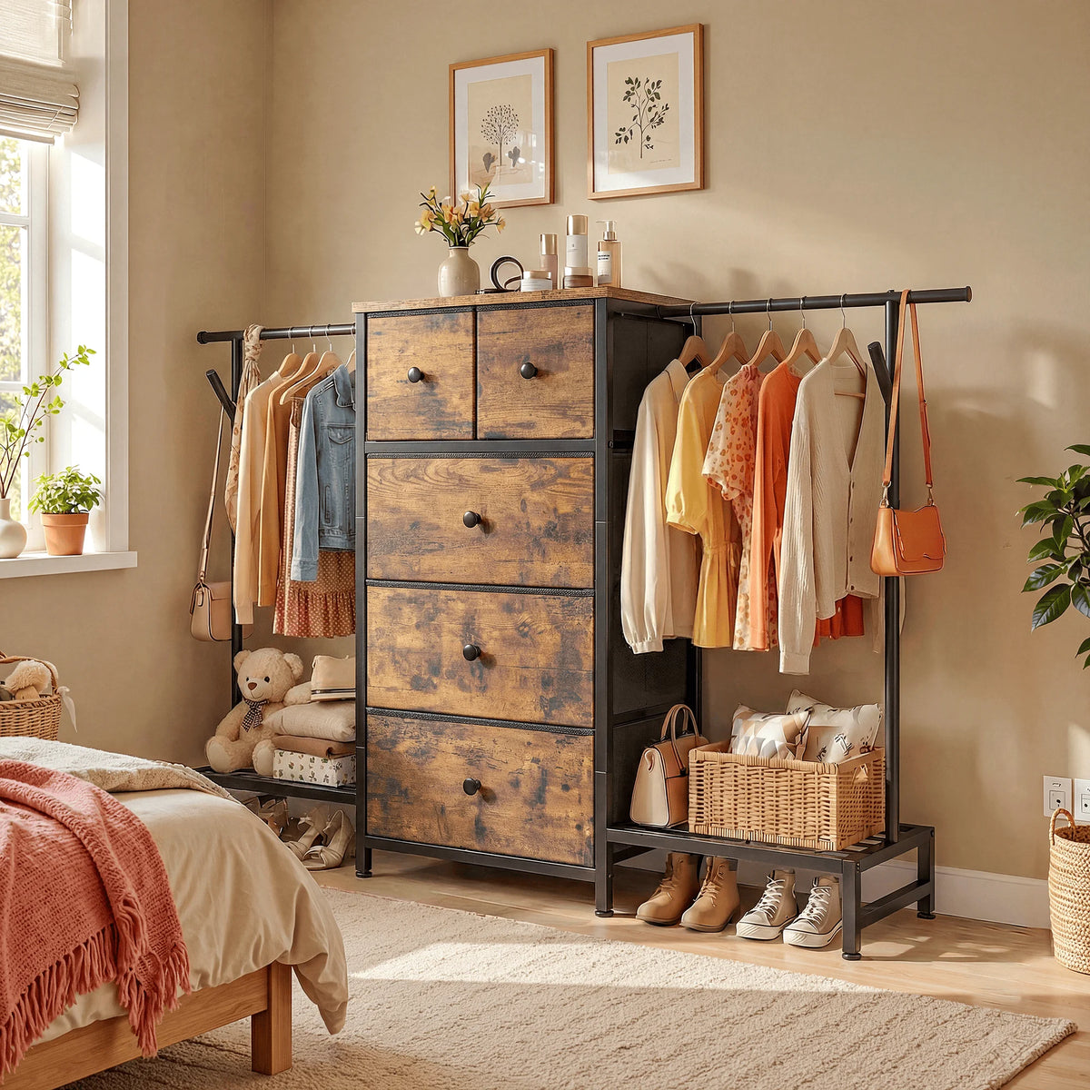 5 Drawer Dresser With Hanging Rod And Shoe Rack Bedroom Closet Organizer