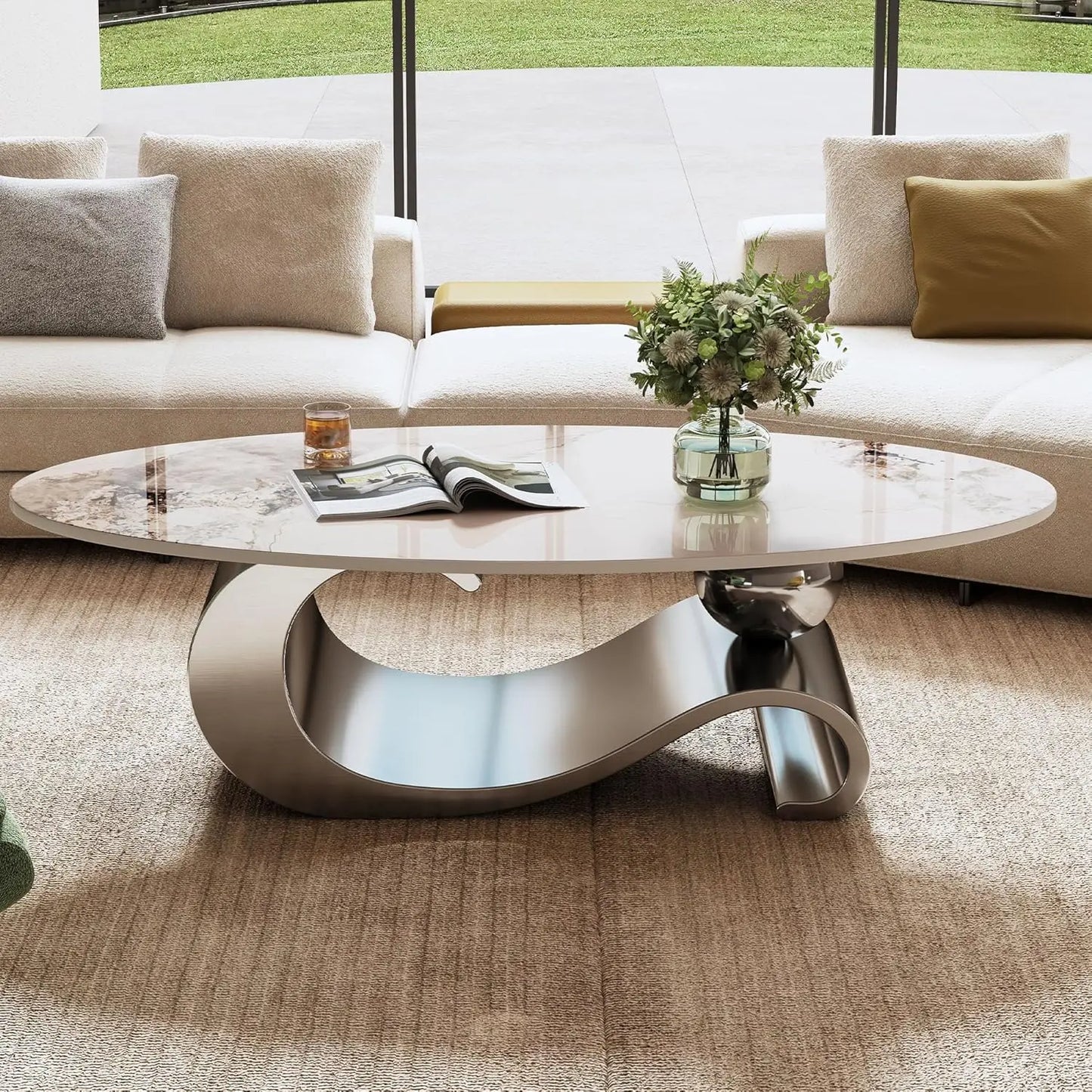 Modern Oval Coffee Table With Stainless Steel Pedestal And Faux Marble Top