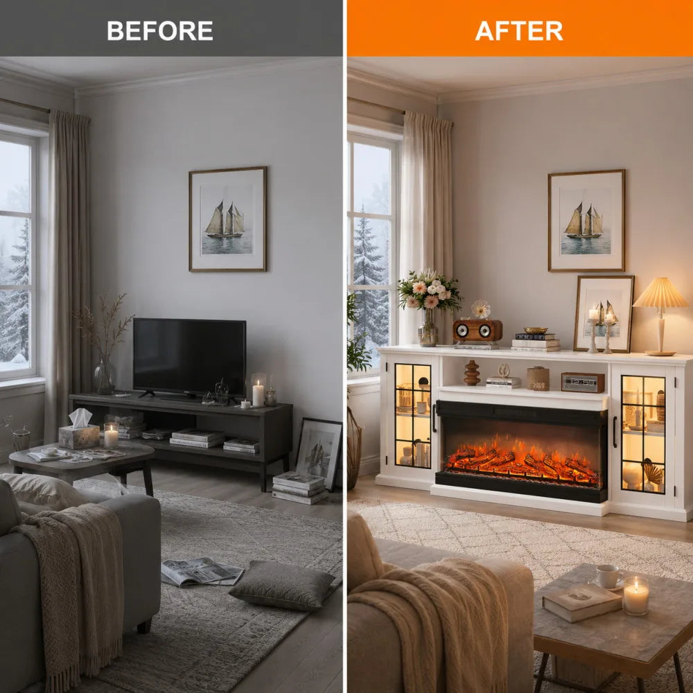 75“ TV Stand with Electric Fireplace, Farmhouse Entertainment Center for 80 Inch TV, 3-Sided Glass Fireplace Heater 5000BTU, 12 Flame Colors, Storage Cabinet with Shelves, Remote Control, Living Room Furniture