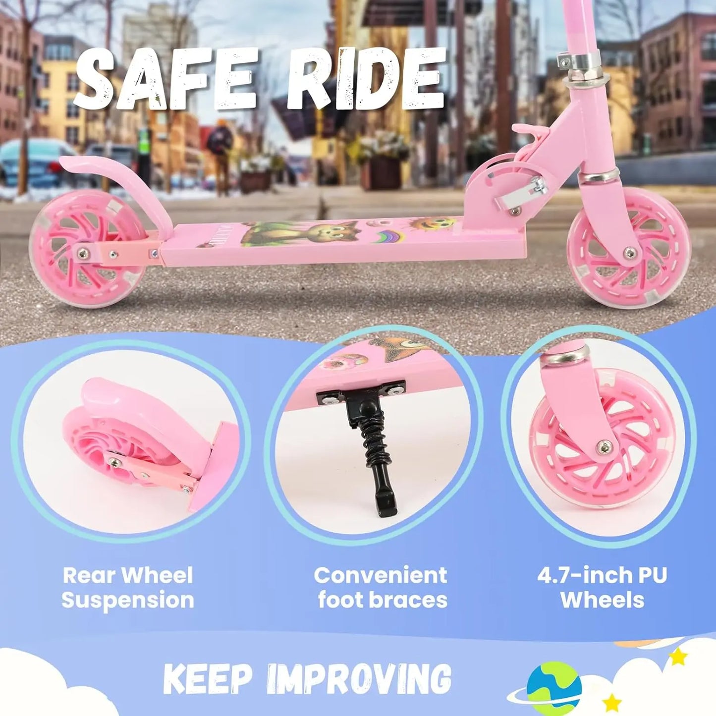 Easy Folding Kids Scooter With 3 Level Height Adjustment For Ages 3 To 12