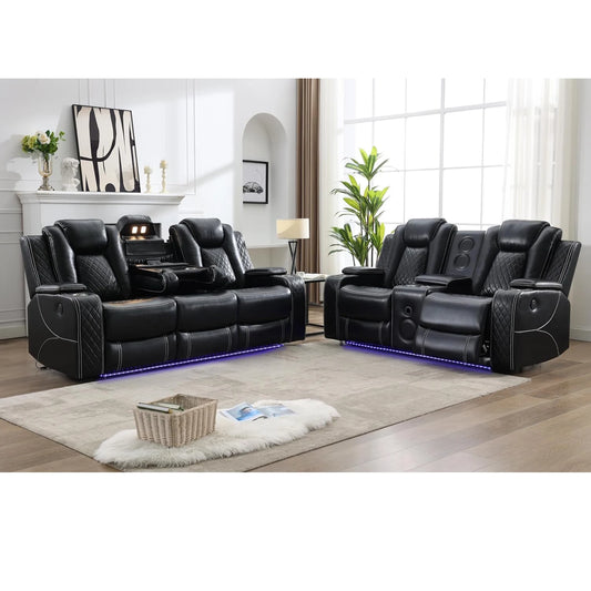 5 Seater Faux Leather Power Recliner Sofa With Table