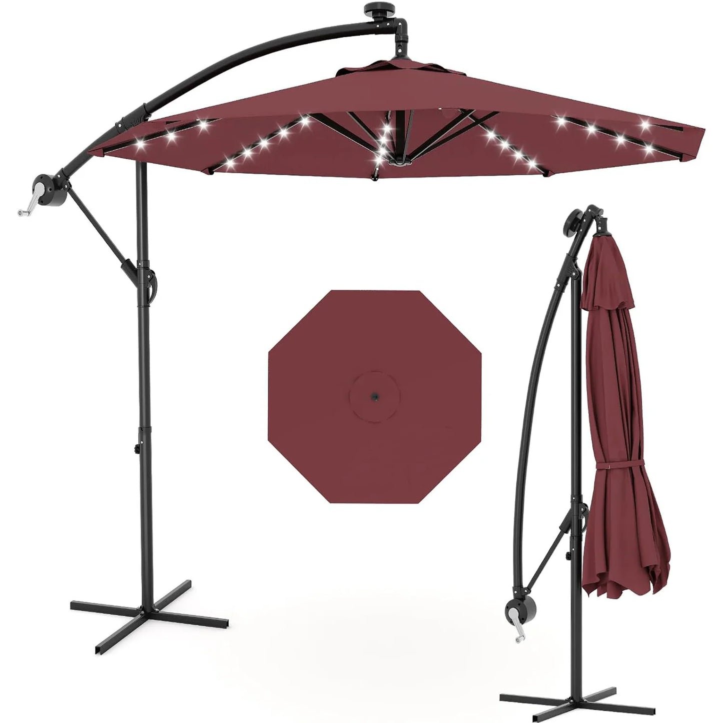 10Ft Cantilever Offset Patio Umbrella With Solar LED Lights