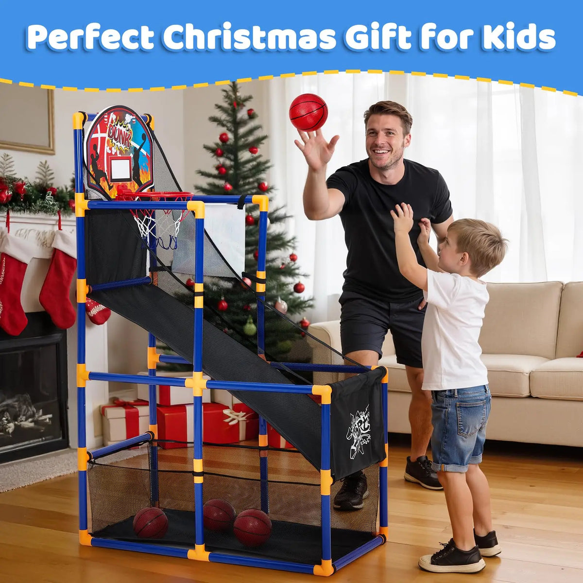 Kids Basketball Set Adjustable Indoor Outdoor Hoop With Ball Return Ramp