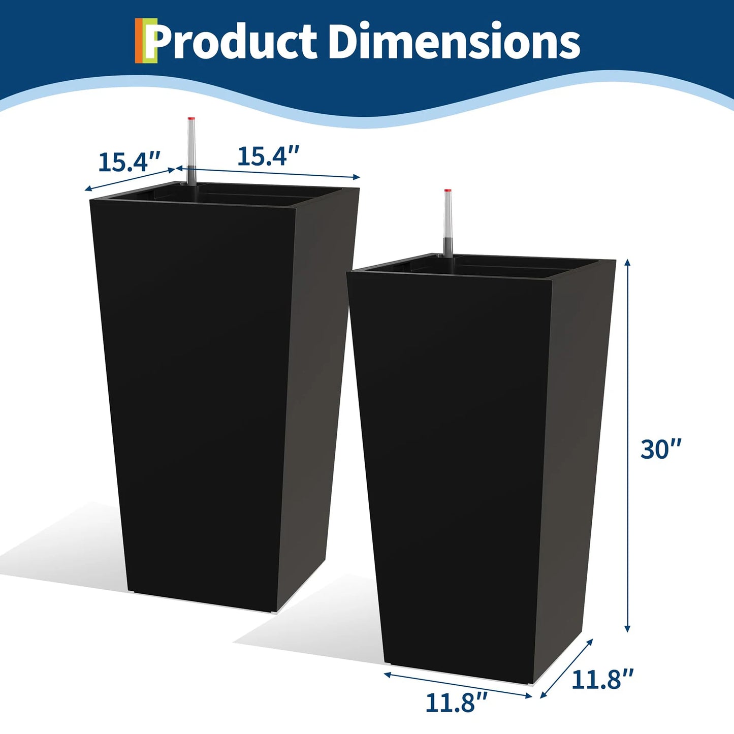 Set Of 2 30in Tall Planters For Indoor Outdoor, Self Watering Large Flower Pots With Drainage, Water Level Monitor, Insert & Wheels