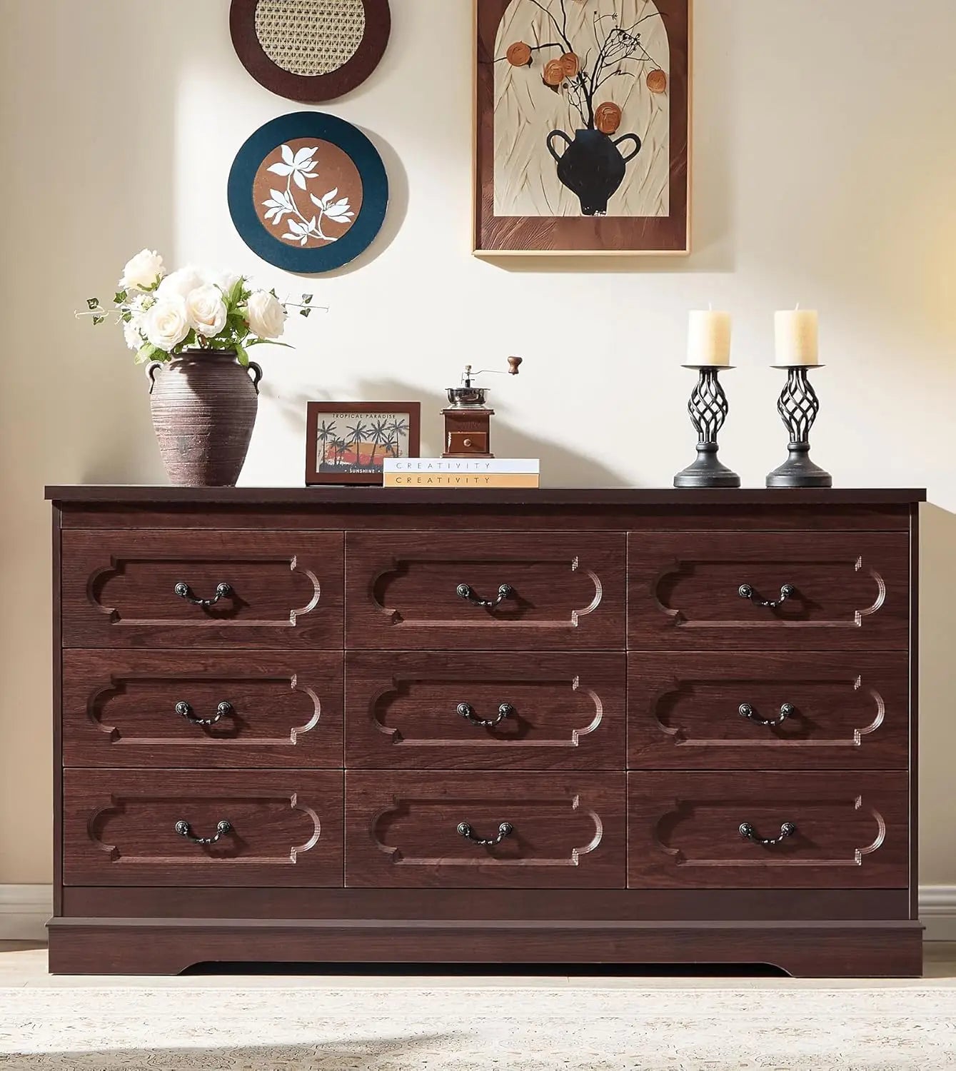 Farmhouse Cherry Wood Chest of Drawers for Bedroom Rustic Wide