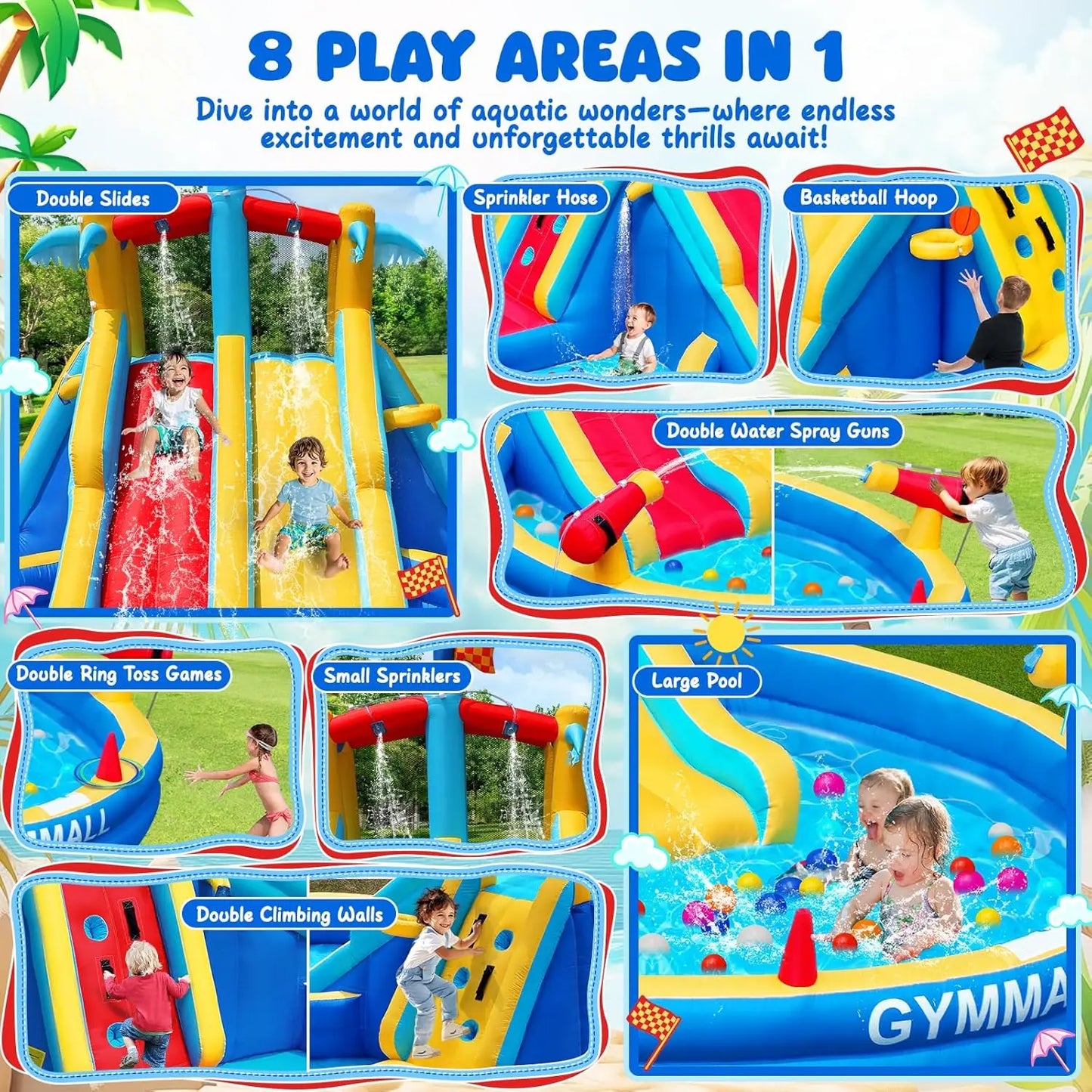 Inflatable Water Slide 8 In 1 With 550W Blower For Kids