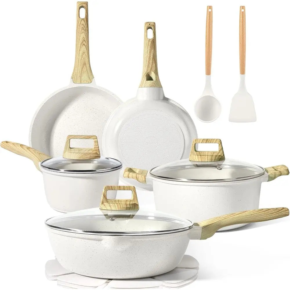 Pots and Pans Set Non Stick - 14 Pcs White Granite Kitchen Cookware Sets Nonstick Induction Cookware Cooking Pan Set with Frying
