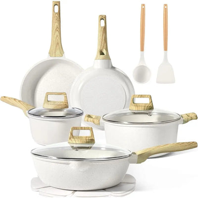 Pots and Pans Set Non Stick - 14 Pcs White Granite Kitchen Cookware Sets Nonstick Induction Cookware Cooking Pan Set with Frying