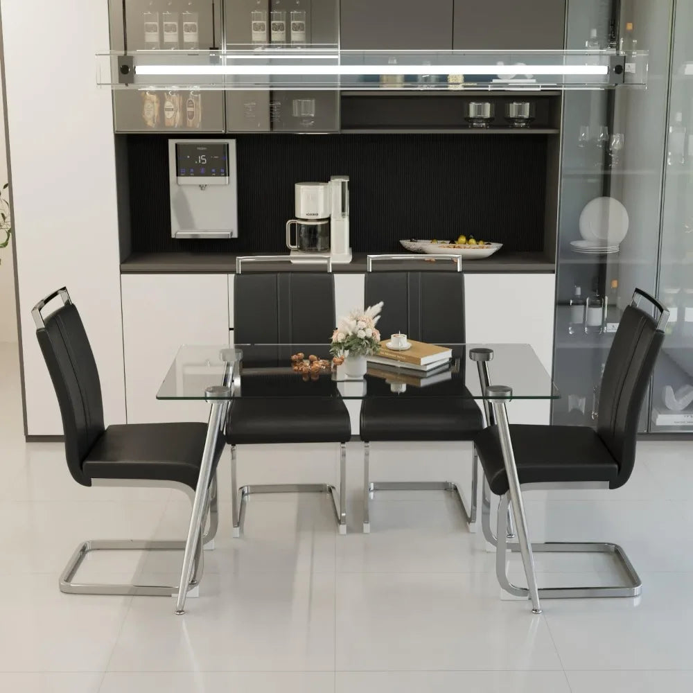 Glass Dining Table Set For 4 Modern Rectangle Chairs