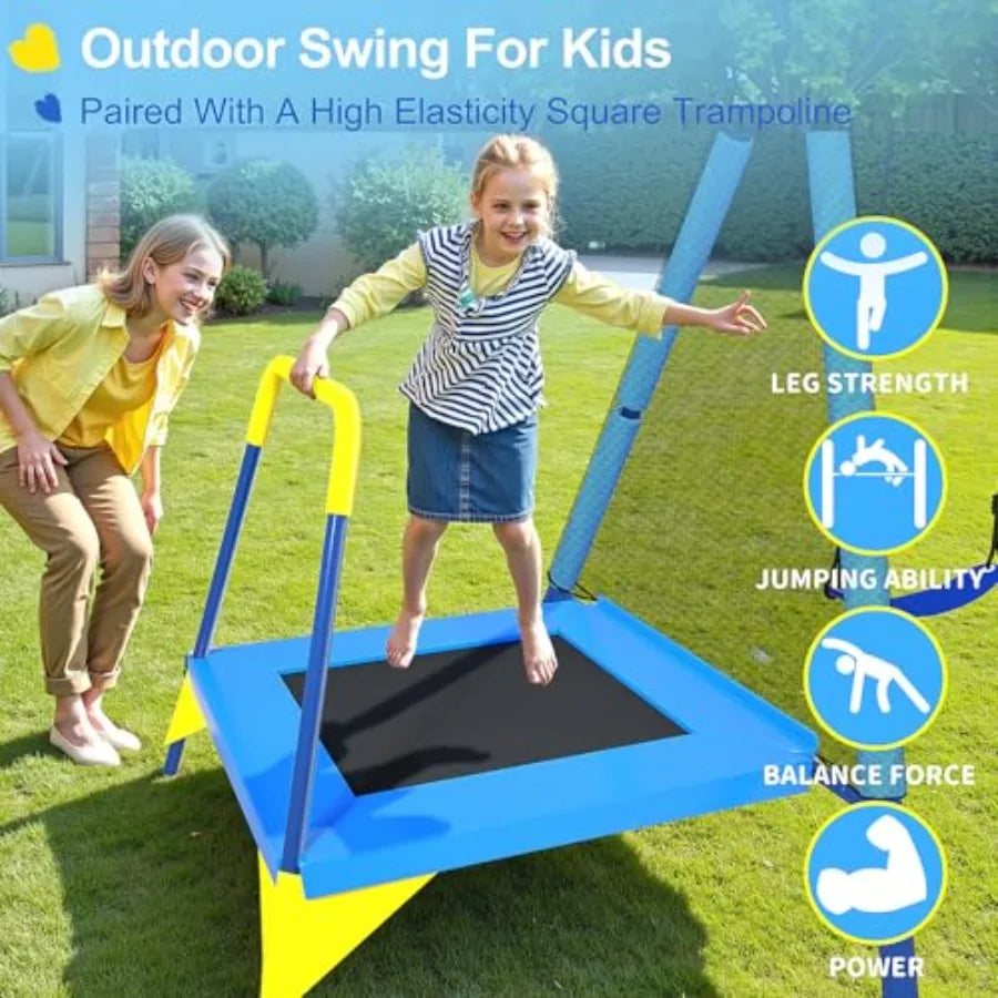 440lbs Swing Set 3in1 Outdoor Playground with Saucer Swing Belt Seat and 4ft Trampoline Heavy Duty AFrame Metal Stand and Safet