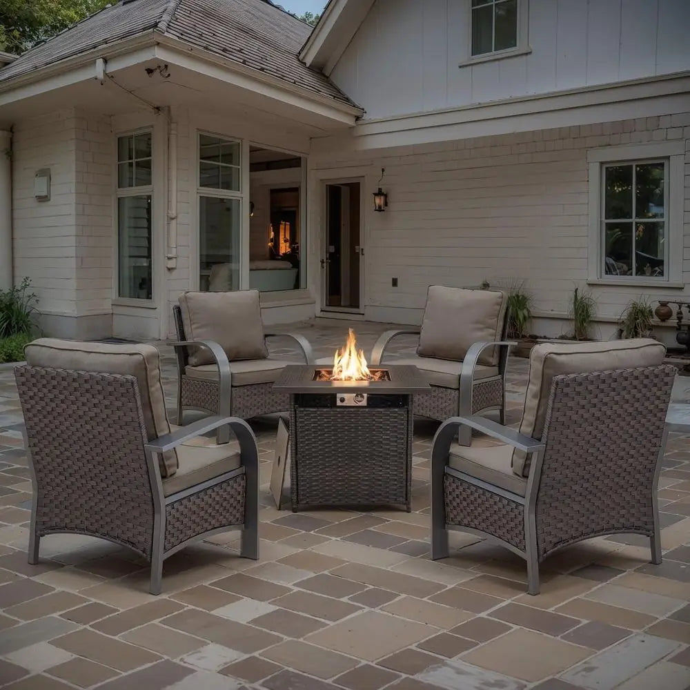 5 Piece Patio Furniture Set With Propane Fire Pit Table And 4 Wicker Chairs