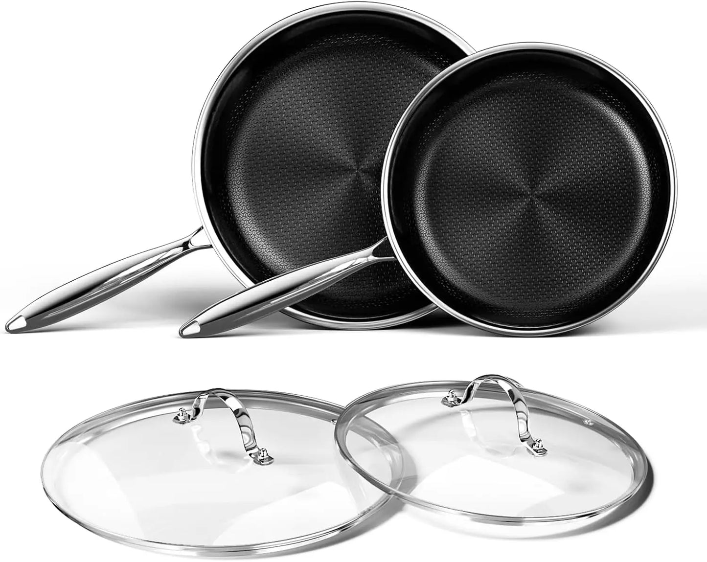 Titanium Ceramic Nonstick Frying Pan Set 10 & 12 Inch with Lid, Stainless Steel Skillet, Induction Compatible, PFOA Free