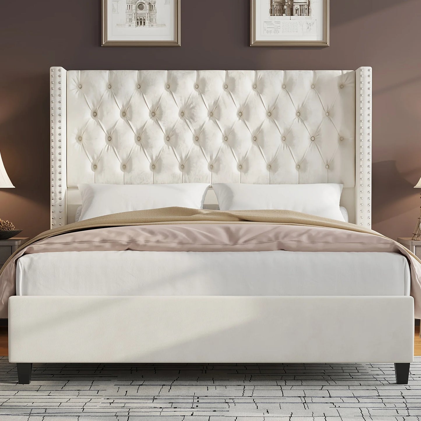 Papajet Velvet Bed Frame With 51.6 Inch Wingback Headboard Nailhead Detailing