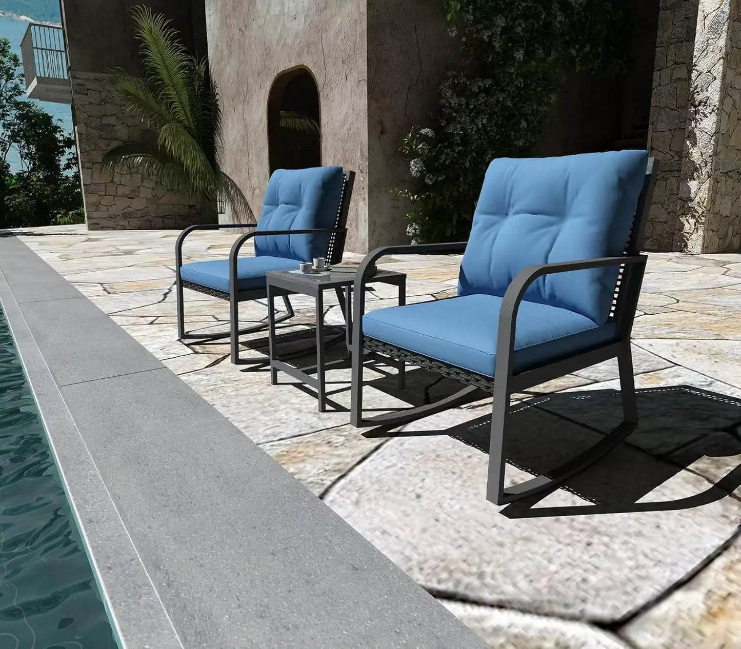 Bistro 3 Piece Patio Set With Rattan Rocking Chairs And Table Outdoor