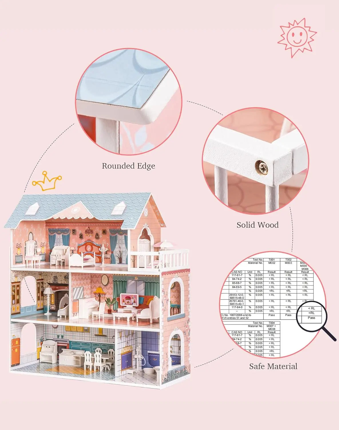 Robotime Robud Lady Wooden Dollhouse 3 Story with Balcony 28 Accessories Toy Gift for 3+Years Kid Girls