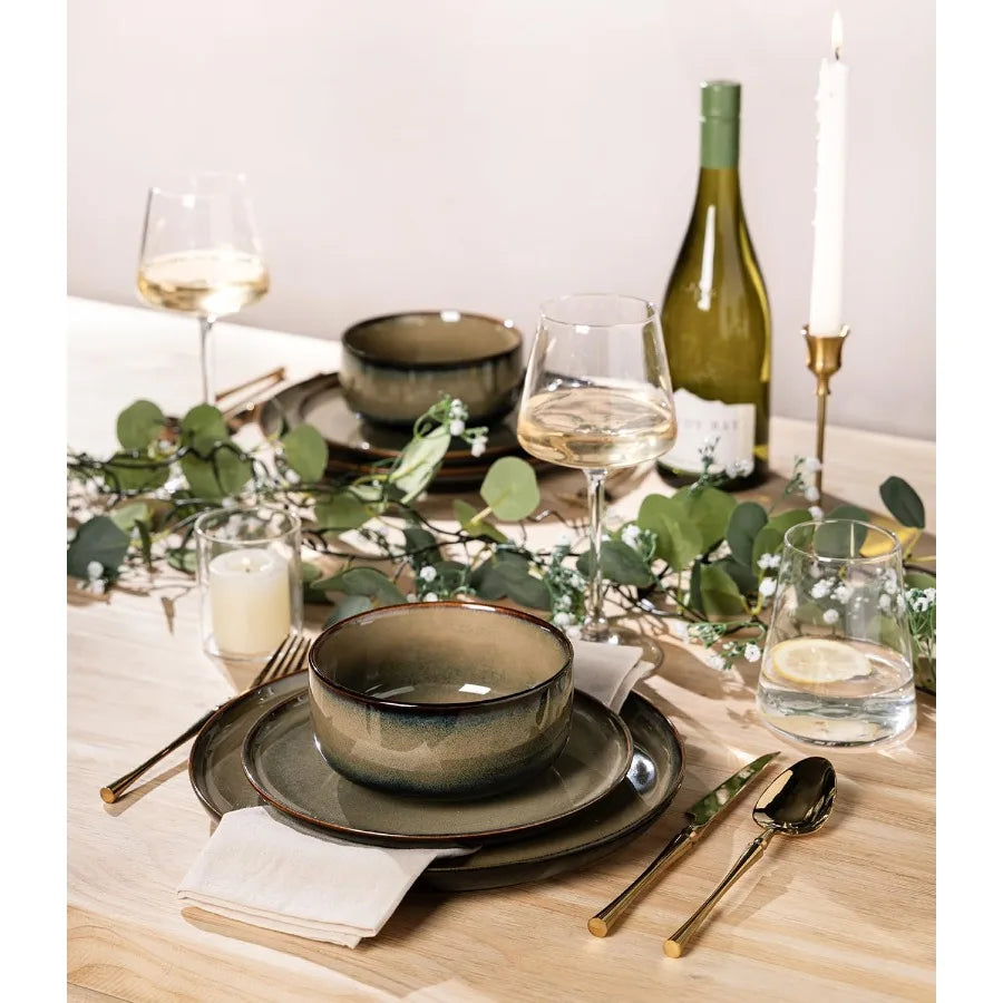 Ceramic Dinnerware Set For 8, 24 Pieces With Reactive Glaze Plates And Bowls
