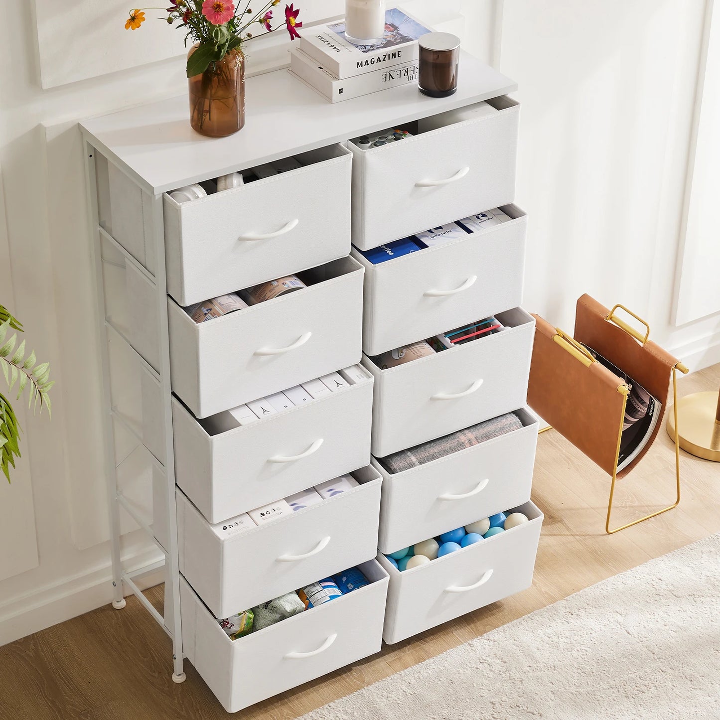 JHK Bedroom Wardrobe With White Fabric Drawers 5 7 10 Drawer Storage Chest