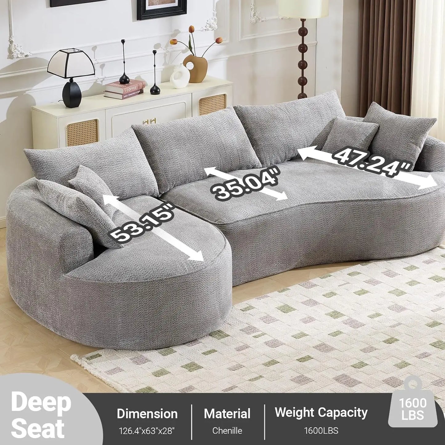 126.4 Inch Oversized L Shaped Boneless Sofa With Deep Seat And 7 Pillows