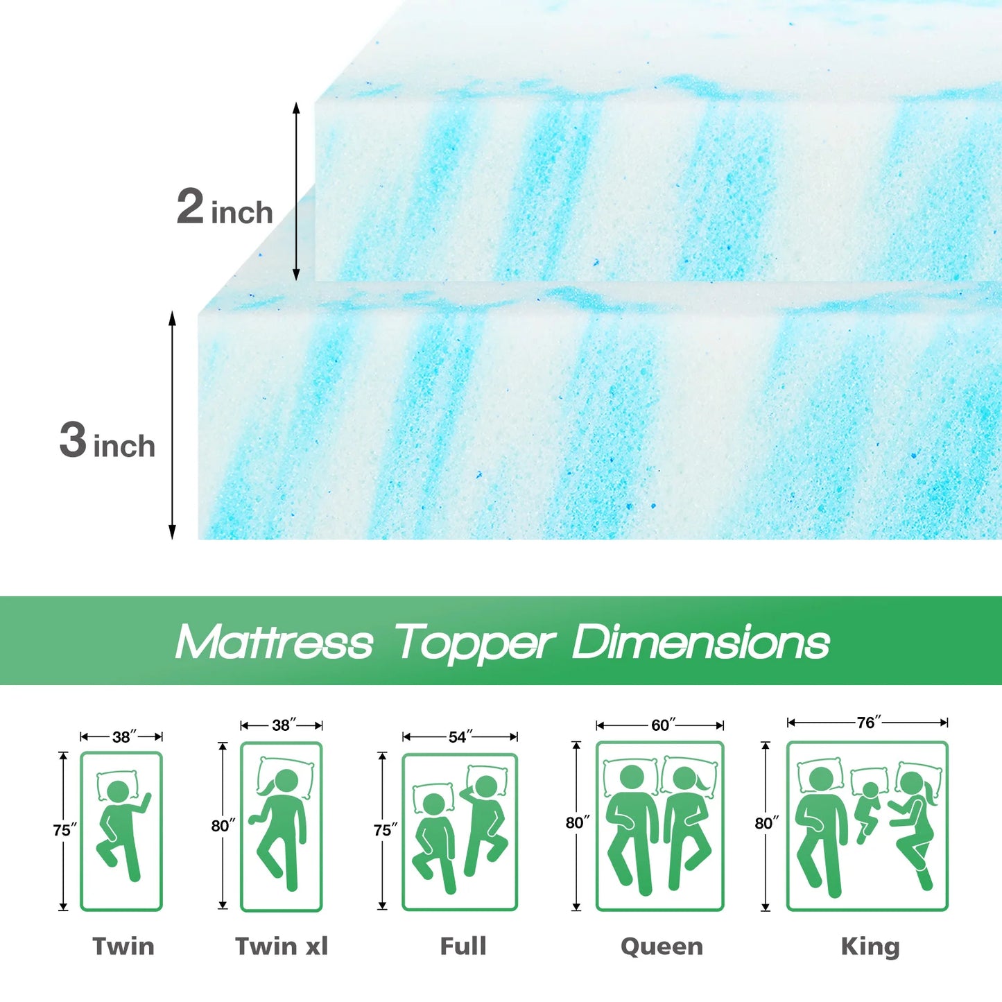 JHK Gel Memory Foam Mattress Topper 2 to 3 Inch Full Size Cooling Bed Topper