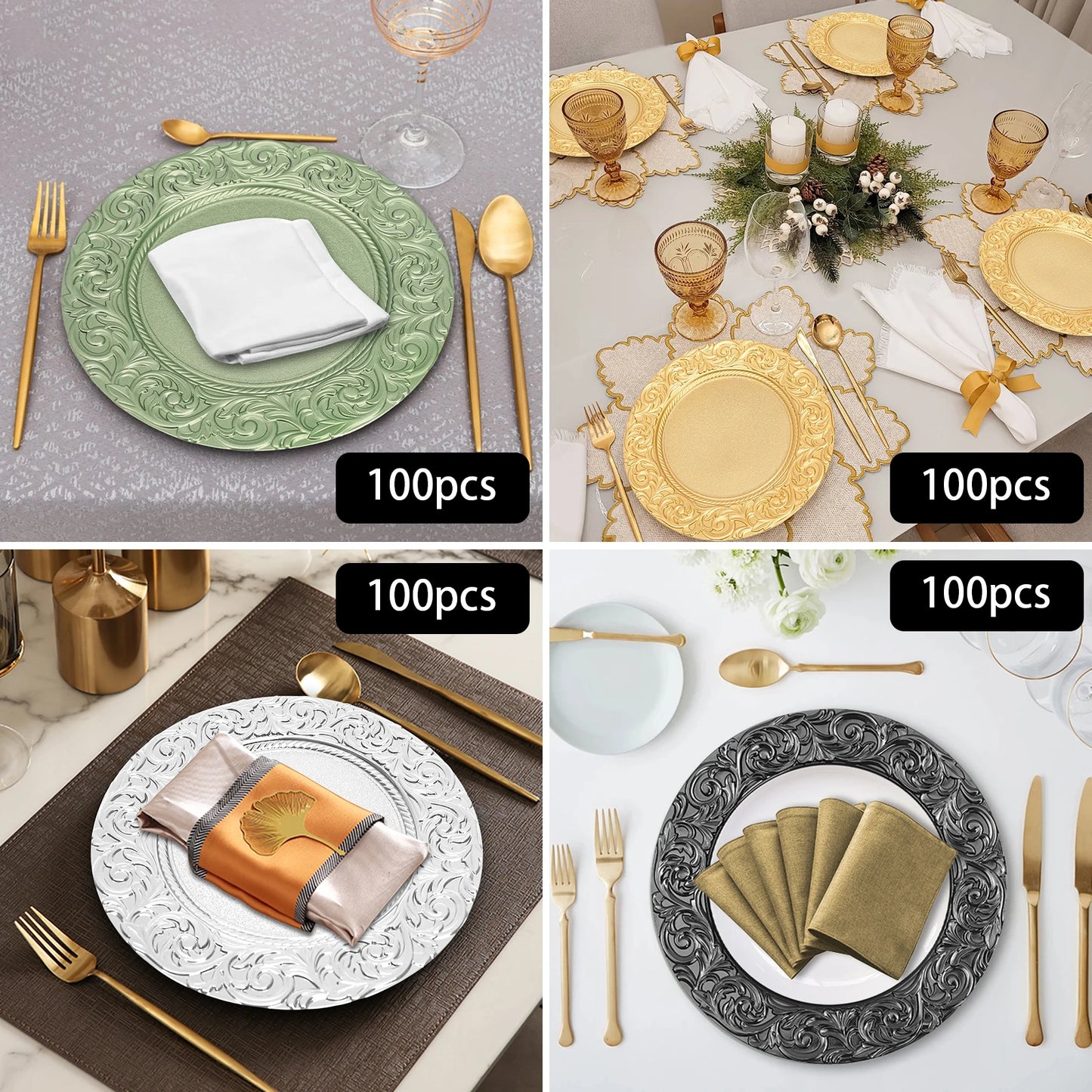 100 Piece Round Charger Plates Set Black Silver Green Gold For Weddings Banquets