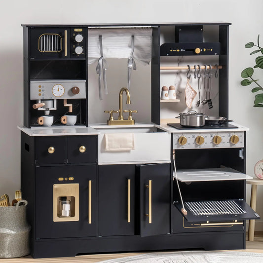 ROBOTIME Wooden Play Kitchen Toy Kitchen Set with Ice Maker and Coffee Machine Realistic Kitchen Set Gift for Toddlers
