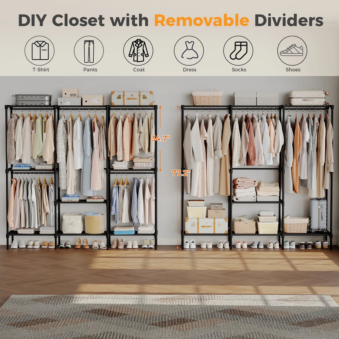 3 Tier Portable Wardrobe With Hanging Rods And Storage Shelves For Home