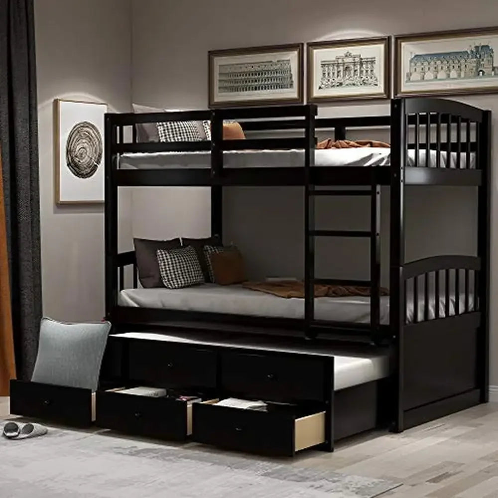 Twin Trundle Bunk Bed with 3 Drawers Kids Bedroom Guest Room Sturdy Easy Assembly Safe Rails Separate Beds Storage- 79.5"L x