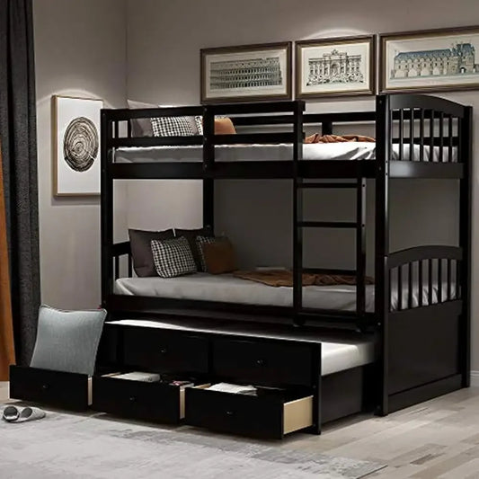 Twin Trundle Bunk Bed with 3 Drawers Kids Bedroom Guest Room Sturdy Easy Assembly Safe Rails Separate Beds Storage- 79.5"L x