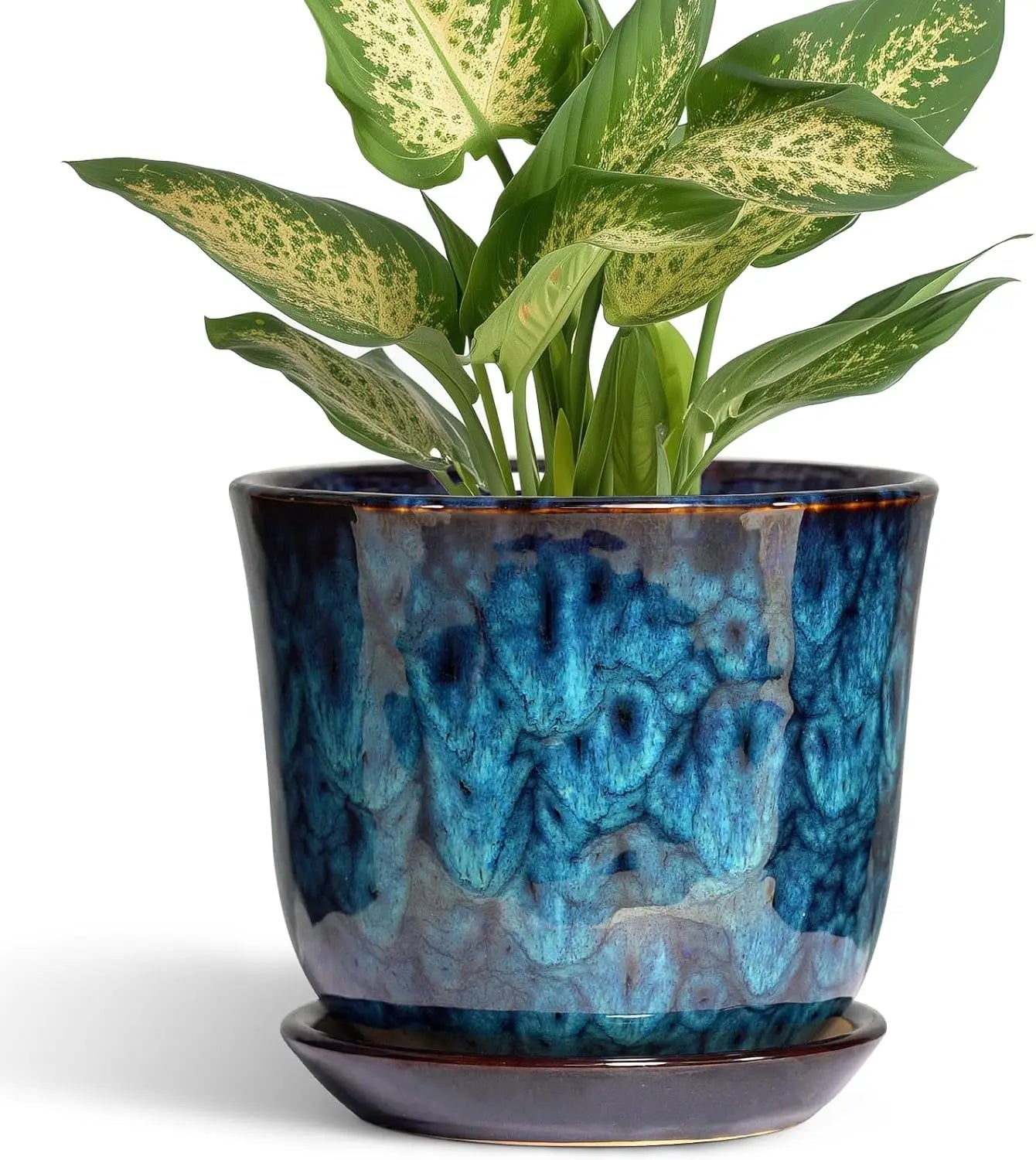5.6 Inch Ceramic Pot With Drainage Hole And Saucer Blue Planter For Succulents