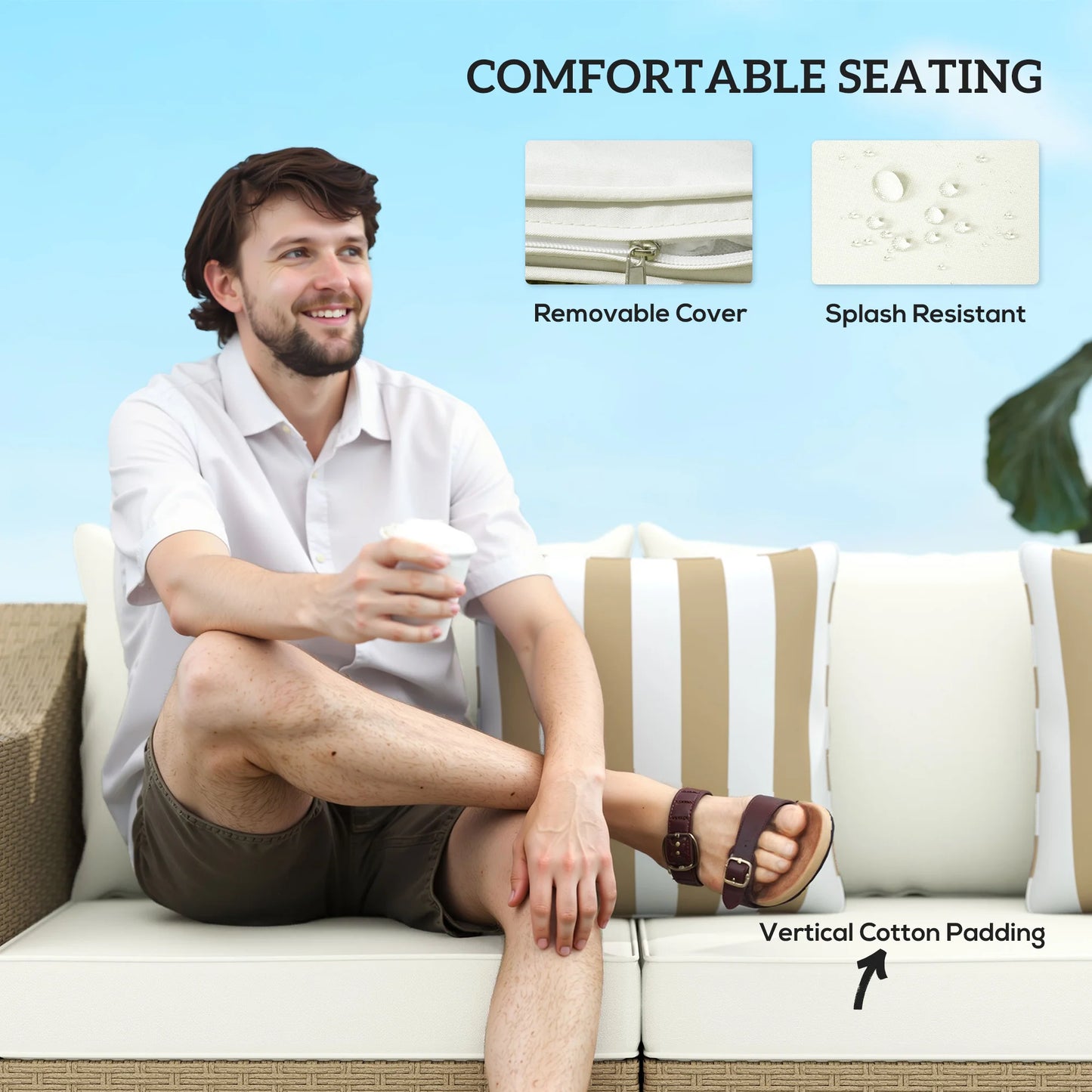 Outsunny 3 Seater Outdoor Rattan Sofa With Cushions Cream White Patio Couch