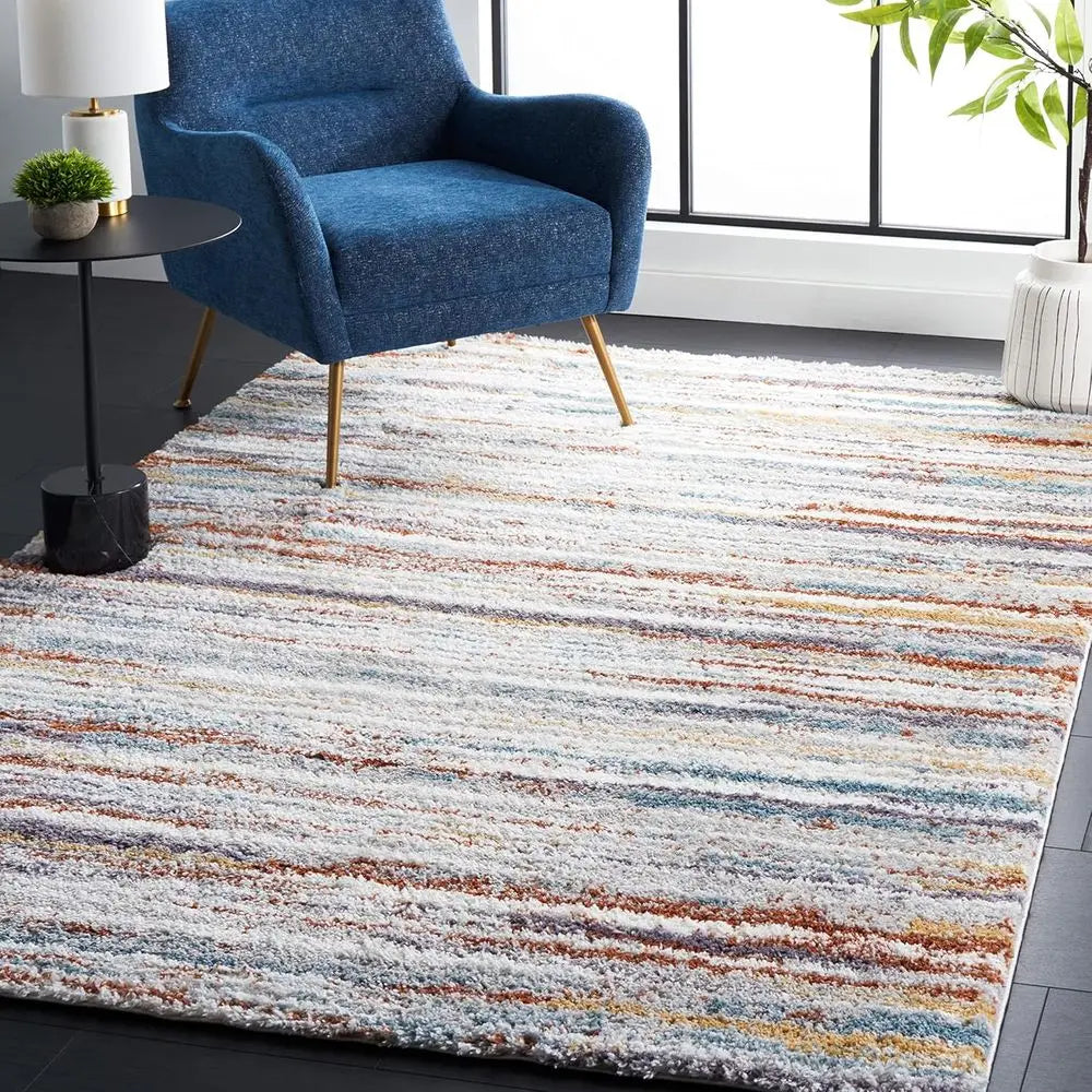 Shag Collection Area Rug 9 Ft By 12 Ft Blue Rust Ivory Stripe Non Shedding