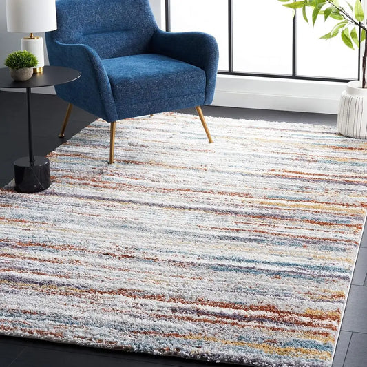 Shag Collection Area Rug 9 Ft By 12 Ft Blue Rust Ivory Stripe Non Shedding