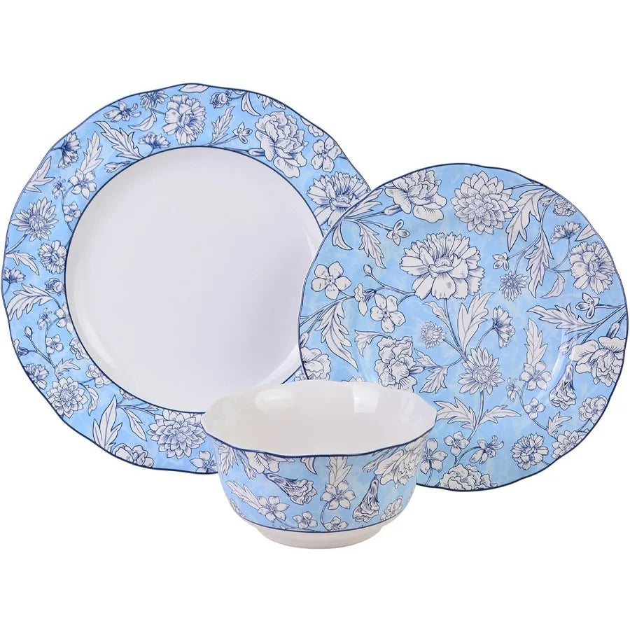 12 Piece Porcelain Dinnerware For 4 White And Blue Plates Bowls Floral Ceramic