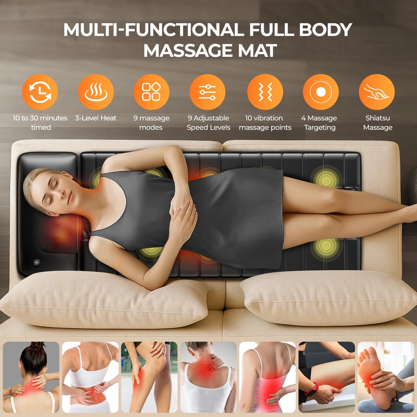 Shiatsu Full Body Massage Mat With Heat Detachable Pad 10 Vibrating Motors