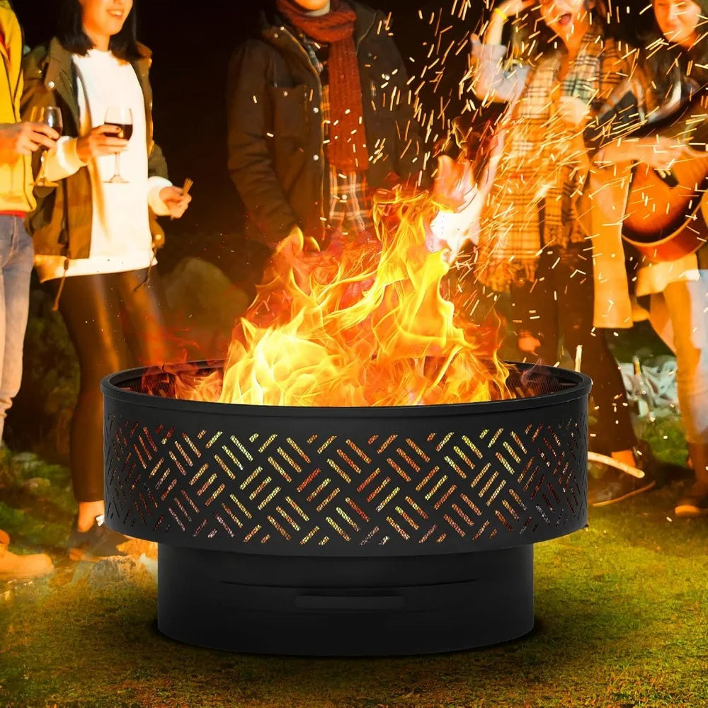 Outdoor Wood Burning Fire Pit With Grill Lid And Fire Poker