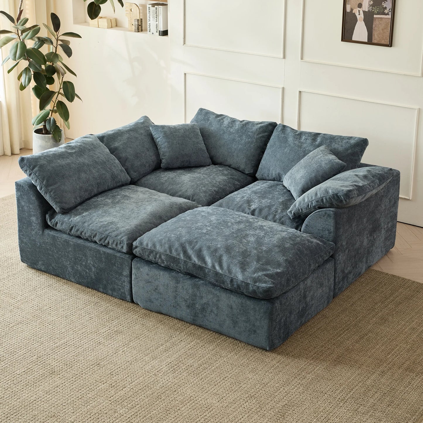 Modern Blue L Shaped 3 Seater Sofa Chenille Fabric Sectional With Ottoman