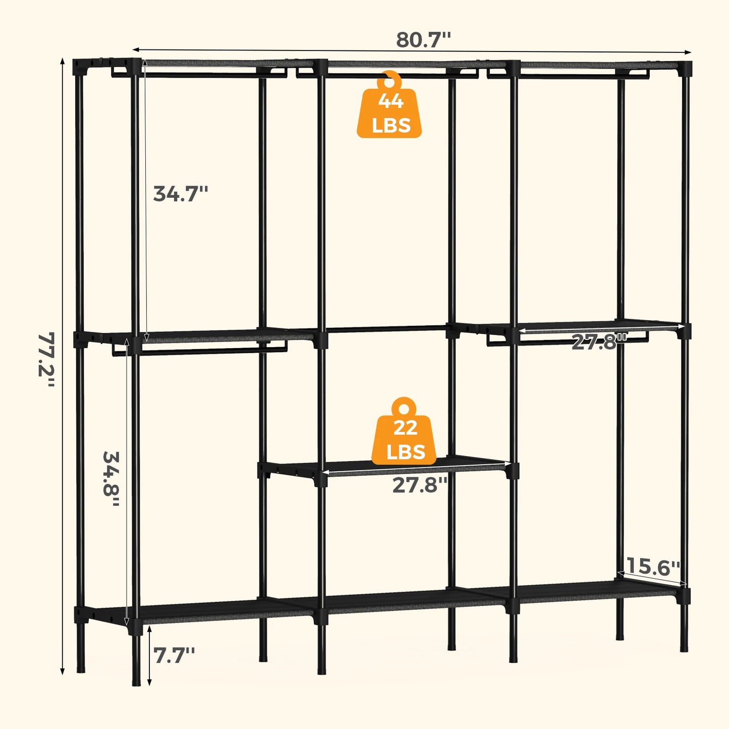 3 Tier Portable Wardrobe With Hanging Rods And Storage Shelves For Home