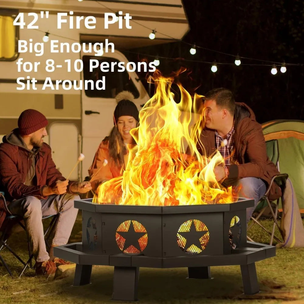 Sturdy 42 Inch Outdoor Wood Burning Octagonal Fire Pit Poker