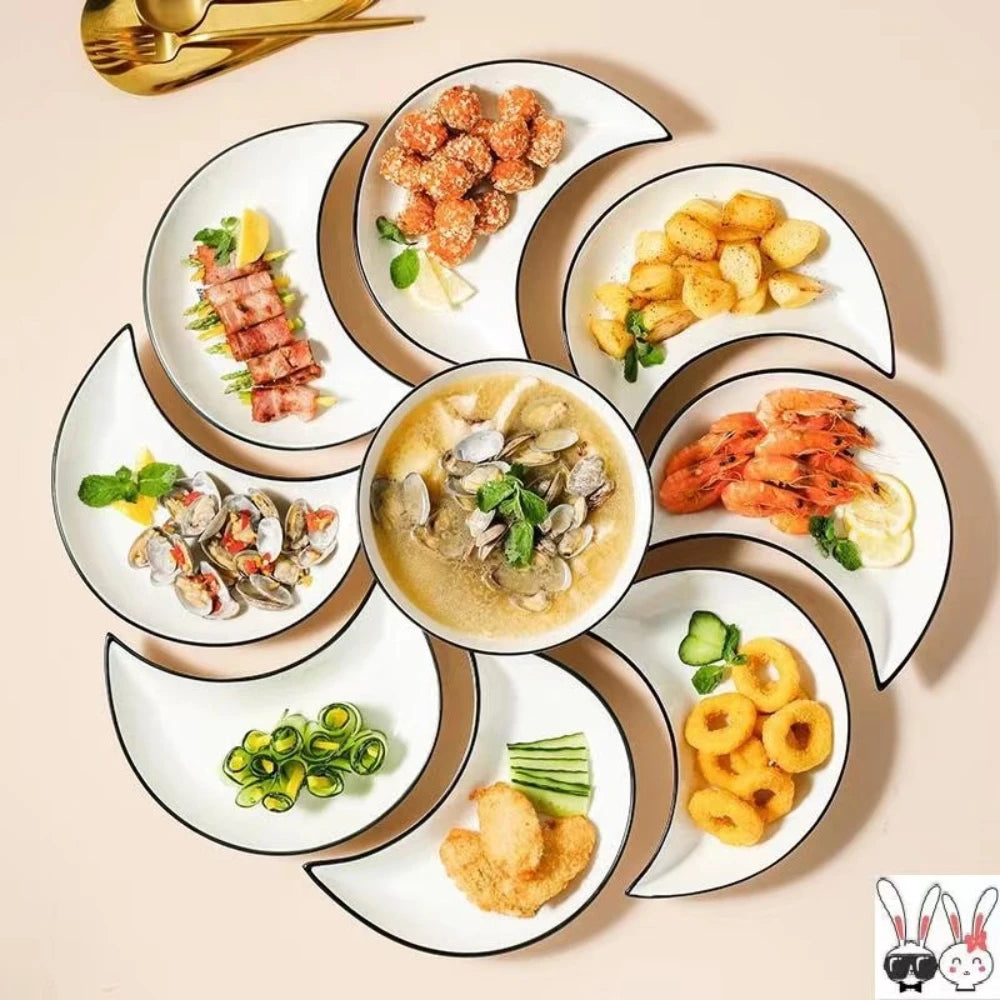 5 Piece Reunion Moon Shaped Ceramic Dinnerware Set For Hot Pot Plates