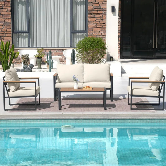 Exclusive Deal   4-Piece Outdoor Patio Furniture Set with Coffee Table Metal Conversation Set and Upgraded Beige Washable