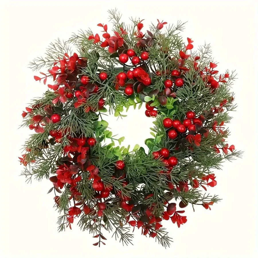 1Pc, Charming 13.8in Christmas Wreath with Red Eucalyptus Berries - Perfect for Front Door, Fireplace Mantle & Window Decor